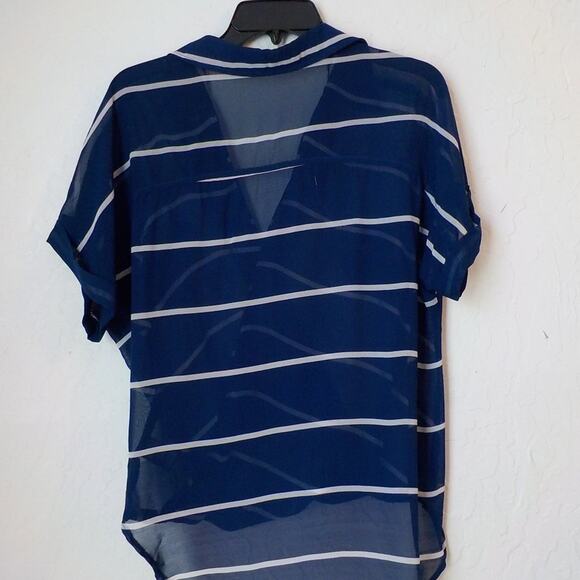Papaya Blue Stripes Wrap Top Blouse High Low Hem Women size Medium Sheer Coastal - Picture 2 of 10